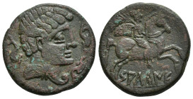 HISPANIA ANTIGUA. SALTUIE/CAESARAUGUSTA. Unidad. A/ Cabeza masculina con manto y fíbula a der., alrededor 3 delfines. R/ Jinete con palma y clámide a ...