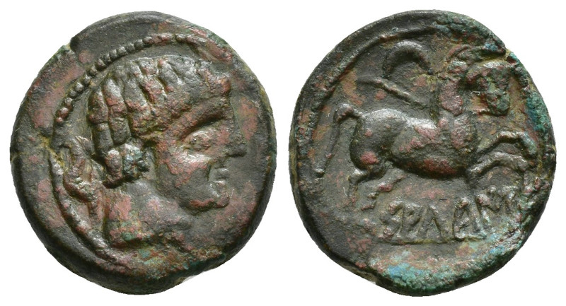 HISPANIA ANTIGUA. SALTUIE/CAESARAUGUSTA. Mitad. A/ Cabeza masculina con manto y ...