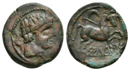 HISPANIA ANTIGUA. SALTUIE/CAESARAUGUSTA. Mitad. A/ Cabeza masculina con manto y fíbula a der., alrededor 3 delfines. R/ Caballo cabalgando con rienda ...