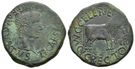 HISPANIA ANTIGUA. CALAGURRIS. Tiberio. As. A/ Cabeza laureada a der.; TI CAESAR DIVI AVG F AVGVSTVS. R/ Toro a der., delante II / VIR; M C I C CELERE ...