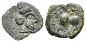 HISPANIA ANTIGUA. CARISA. Semis. A/ Cabeza masculina a der. R/ Jinete con rodela a izq., debajo ley. ilegible. AE 1,94 g. 16,8 mm. I-452; ACIP-2523. P...