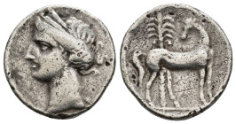 HISPANIA ANTIGUA. EMISIONES HISPANO-CARTAGINESAS. Shekel. A/ Cabeza femenina con tocado vegetal a izq. R/ Caballo parado con cabeza vuelta delante de ...