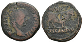 HISPANIA ANTIGUA. KAISKATA/CASCANTUM. Tiberio. As. A/ Cabeza laureada a der.; TI CAESAR DIVI AVG F AVGVSTVS. R/ Toro a der.; MVNICIP/CASCANTVM. AE 11,...