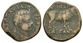 HISPANIA ANTIGUA. KAISKATA/CASCANTUM. Tiberio. Semis. A/ Cabeza laureada a der.; TI CAESAR DIVI AVGVSTI F. R/ Toro a der.; MVNICIP/CASCANTVM. AE 4,8 g...