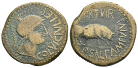 HISPANIA ANTIGUA. KELSE/CELSA. As. A/ Cabeza con casco a der.; COL VIC IVL LEP. R/ Toro a der.; PR II VIR/ P SAL PAM FVLVI. AE 16,39 g. 29,2 mm. I-797...