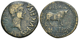 HISPANIA ANTIGUA. KELSE/CELSA. Augusto. As. A/ Cabeza a der.; COL VIC CELSA-II VIR. R/ Toro a der.; (L PO)MP BVCCO CORNE FRONT. AE 13,44 g. 29,1 mm. I...