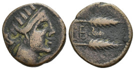 HISPANIA ANTIGUA. CERIT. Semis. A/ Cabeza femenina con diadema radiada a der. R/ Dos espigas a der., en medio CE(-). AE 5,31 g. 20 mm. I-823; ACIP-241...