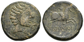 HISPANIA ANTIGUA. CLOUNIOQ/CLUNIA. As. A/ Cabeza masculina a der., delante delfín, detrás II. R/ Jinete lancero a der., debajo sobre línea CLOVNIOQ. A...