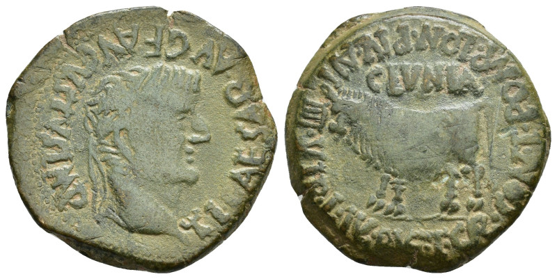 HISPANIA ANTIGUA. CLUNIA. Tiberio. As. A/ Cabeza laureada a der.; TI CAESAR AVG ...