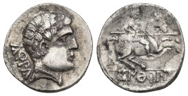 HISPANIA ANTIGUA. KONTERBIA KARBIKA. Denario. A/ Cabeza masculina con collar a der., detrás KaRBiKa. R/ Jinete lancero a der., en exergo KoNTeRBiA. AR...