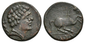 HISPANIA ANTIGUA. KONTERBIA KARBIKA. Mitad. A/ Cabeza masculina con collar a der., detrás delfín. R/ Caballo encabritado con rienda suelta a der.; en ...