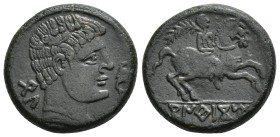 HISPANIA ANTIGUA. KONTERBIA BELAISKA. Unidad. A/ Cabeza masculina con collar a der., delante delfín, detrás BeL. R/ Jinete con palma a der., en exergo...