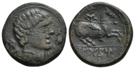 HISPANIA ANTIGUA. KONTERBIA BELAISKA. Unidad. A/ Cabeza masculina con collar a der., delante delfín, detrás BeL. R/ Jinete con lanza a der., en exergo...
