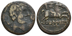 HISPANIA ANTIGUA. KUELIOKOS. Unidad. A/ Cabeza masculina a der., delante delfín y Ku (poco visible), detrás delfín. R/ Jinete con palma a der., debajo...