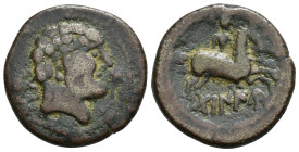 HISPANIA ANTIGUA. TABANIU. Unidad. A/ Cabeza masculina a der., delante delfín, detrás TaBa. R/ Jinete lancero a der., debajo TaBaNIU. AE 11,73 g. 26,6...