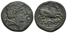 HISPANIA ANTIGUA. TAMANIU. Unidad. A/ Cabeza masculina a der., delante delfín, detrás Ta. R/ Jinete lancero a der., debajo sobre línea TaMANIU. AE 7,2...