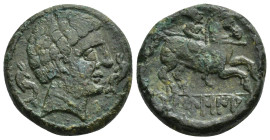 HISPANIA ANTIGUA. TAMUSIA. Unidad. A/ Cabeza masculina con collar a der. entre dos delfines. R/ Jinete lancero a der., en exergo TaMUSIA. AE 12,49 g. ...