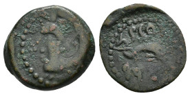 HISPANIA ANTIGUA. GADIR. Cuarto. A/ Cabeza de Melkart a izq. con leonté y clava. R/ Delfín con tridente a der., encima p`lt/´hgdr. AE 2,96 g. 16,9 mm....