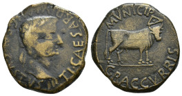 HISPANIA ANTIGUA. GRACCURRIS. Tiberio. As. A/ Cabeza laureada a der.; TI CAESAR DIVI AVG F AVGVSTVS. R/ Toro mitrado a der.; MVNICIP GRACCVRRIS. AE 13...