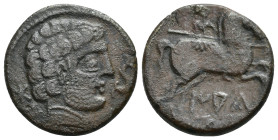 HISPANIA ANTIGUA. IAKA. Unidad. A/ Cabeza con collar a der.; delante delfín, detrás BoN. R/ Jinete lancero a der., debajo sobre línea IAKa. AE 7,11 g....