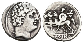 HISPANIA ANTIGUA. IKALESKEN. Denario. A/ Cabeza masculina con collar a der. R/ Jinete con dos caballos, rodela y clámide a izq.; en exergo IKaLESKen. ...