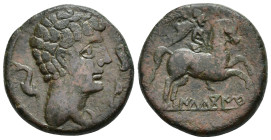 HISPANIA ANTIGUA. ILTUKOITE. Unidad. A/ Cabeza masculina con manto a der., alrededor 3 delfines. R/ Jinete con palma a der., debajo sobre línea ILTuKo...