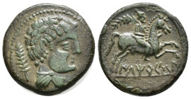 HISPANIA ANTIGUA. ILTIRKESKEN. Unidad. A/ Cabeza masculina con manto y fíbula a der., detrás palma. R/ Jinete con palma a der.; debajo sobre línea ILT...