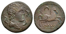 HISPANIA ANTIGUA. ILTIRTA. Mitad. A/ Cabeza masculina con manto y fíbula a der., alrededor 3 delfines. R/ Caballo galopando a der., encima creciente, ...