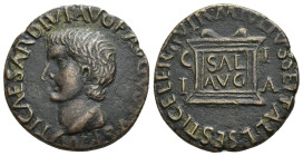 HISPANIA ANTIGUA. ILICI. Tiberio. As. A/ Cabeza a izq.; TI CAESAR DIVI AVG F AVGVSTVS P M. R/ Altar con SAL/AVG, en campo C-I/I-A; M IVLIVS SETTAL L S...