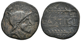 HISPANIA ANTIGUA. LASTIGI. Unidad. A/ Cabeza con casco a der. dentro de láurea. R/ Dos espigas a izq., en medio entre líneas LASTIGI. AE 5,47 g. 24,5 ...