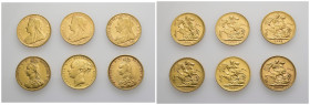 MONEDA EXTRANJERA. AUSTRALIA. Lote de 6 soberanos: 1879 M, 1887 M, 1898 M, 1899 M, 1900 P y 1891 S. MBC/EBC.