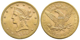 MONEDA EXTRANJERA. ESTADOS UNIDOS DE AMÉRICA. 10 dólares. 1900. AU 16,73 g. 26,7 mm. KM-102. EBC+.