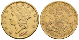 MONEDA EXTRANJERA. ESTADOS UNIDOS DE AMÉRICA. 20 dólares. 1900. AU 33,45 g. 34 mm. KM-74.3. Golpe en canto. MBC+/EBC-.