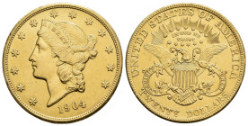 MONEDA EXTRANJERA. ESTADOS UNIDOS DE AMÉRICA. 20 dólares. 1904. AU 33,45 g. 34,1 mm. KM-74.3. Limpiada. Pequeñas marcas. MBC+.
