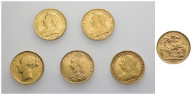 MONEDA EXTRANJERA. GRAN BRETAÑA. Lote de 5 soberanos: 1884, 1891, 1894 y 1895 (2). MBC/EBC.