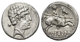HISPANIA ANTIGUA. AREKORATAS. Denario. A/ Cabeza con collar a der., detrás glóbulo. R/ Jinete lancero a der., un pie visible; debajo sobre línea AREKo...