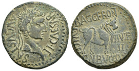 HISPANIA ANTIGUA. CELSA. Tiberio. As. A/ Cabeza laureada a der.; TI CAESAR AVGVSTVS. R/ Toro a der.; C V I CEL-BAGG FRONT CN BVCCO, II VIR/II. AE 27,9...