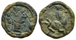 HISPANIA ANTIGUA. UNAMBAATE. Cuarto. A/ Cabeza masculina a der. dentro de corona vegetal. R/ Medio caballo a der., detrás signos ibéricos US. AE 5,03 ...