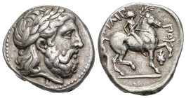 GRECIA ANTIGUA. MACEDONIA. Filipo II. Anfípolis. Tetradracma (359-336 a.C.). A/ Cabeza de Zeus a der. R/ Jinete con palma a der., entre las patas dela...