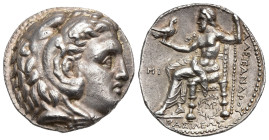 GRECIA ANTIGUA. MACEDONIA. Alejandro III. Tetradracma. Babilonia (311-305 a.C.). Delante del trono MI, debajo mongrama dentro de láurea. AR 17,11 g. 2...