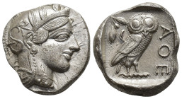 GRECIA ANTIGUA. ÁTICA. Atenas. Tetradracma (454-404 a.C.). A/ Cabeza de Atenea a der. con casco adornado. R/ Lechuza a der. mirando de frente; detrás ...
