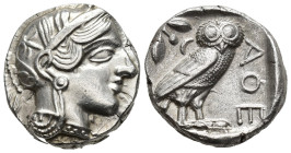 GRECIA ANTIGUA. ÁTICA. Atenas. Tetradracma (454-404 a.C.). A/ Cabeza de Atenea a der. con casco adornado. R/ Lechuza a der. mirando de frente; detrás ...