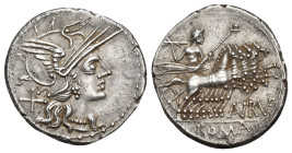 REPÚBLICA ROMANA. AURELIA. T. Annius Rufus. Denario. Roma (144 a.C.). A/ Cabeza de Roma a der. R/ Júpiter en cuadriga a der.; ANRVF/ROMA. AR 3,94 g. 2...