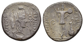 REPÚBLICA ROMANA. CAECILIA. Q. Caecilius Pius Scipio y P. Licinius Crassus Iunianus Damasippus. Denario. África (47-46 a.C.). A/ Cabeza femenina con c...