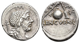 REPÚBLICA ROMANA. CORNELIA. Cn. Cornelius Lentulus Marcellinus. Denario. Hispania (76-75 a.C.). A/ Cabeza del Genio del pueblo romano; G.P.R., detrás ...