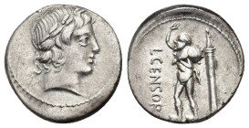 REPÚBLICA ROMANA. MARCIA. L. Marcius Censorinus. Denario. Roma (88 a.C.). A/ Cabeza de Apolo a der. R/ Marsyas a izq., detrás columna; L CENSOR. AR 3,...