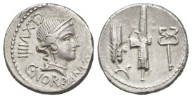 REPÚBLICA ROMANA. NORBANA. C. Norbanus. Denario. Roma (83 a.C.). A/ Cabeza de Venus, detrás CXXXVIII, debajo C NORBANVS.  R/ Fasces entre espiga y cad...