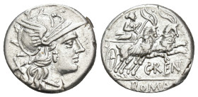REPÚBLICA ROMANA. RENIA. C. Renius. Denario. Roma (138 a.C). A/ Cabeza de Roma a der.  R/ Juno Caprotina en biga de cabras a der., debajo C RENI, exer...
