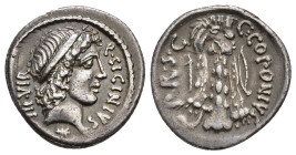 REPÚBLICA ROMANA. SICINIA. Q. Sicinius y C. Coponius. Denario. Roma (49 a.C.). A/ Cabeza de Apolo diademada a der., debajo estrella; Q SICINIVS III VI...