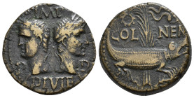 PERIODO DE JULIO CÉSAR A AUGUSTO. AUGUSTO Y AGRIPA. As. Colonia Nemausus (10-14 d.C.). A/ Cabezas opuestas de Augusto laureado y Agripa con corona ros...